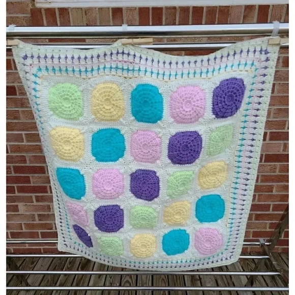 Handcrafted Crocheted Cotton Baby Blanket Colorful Nursey Decor 26"x26" - Picture 1 of 4